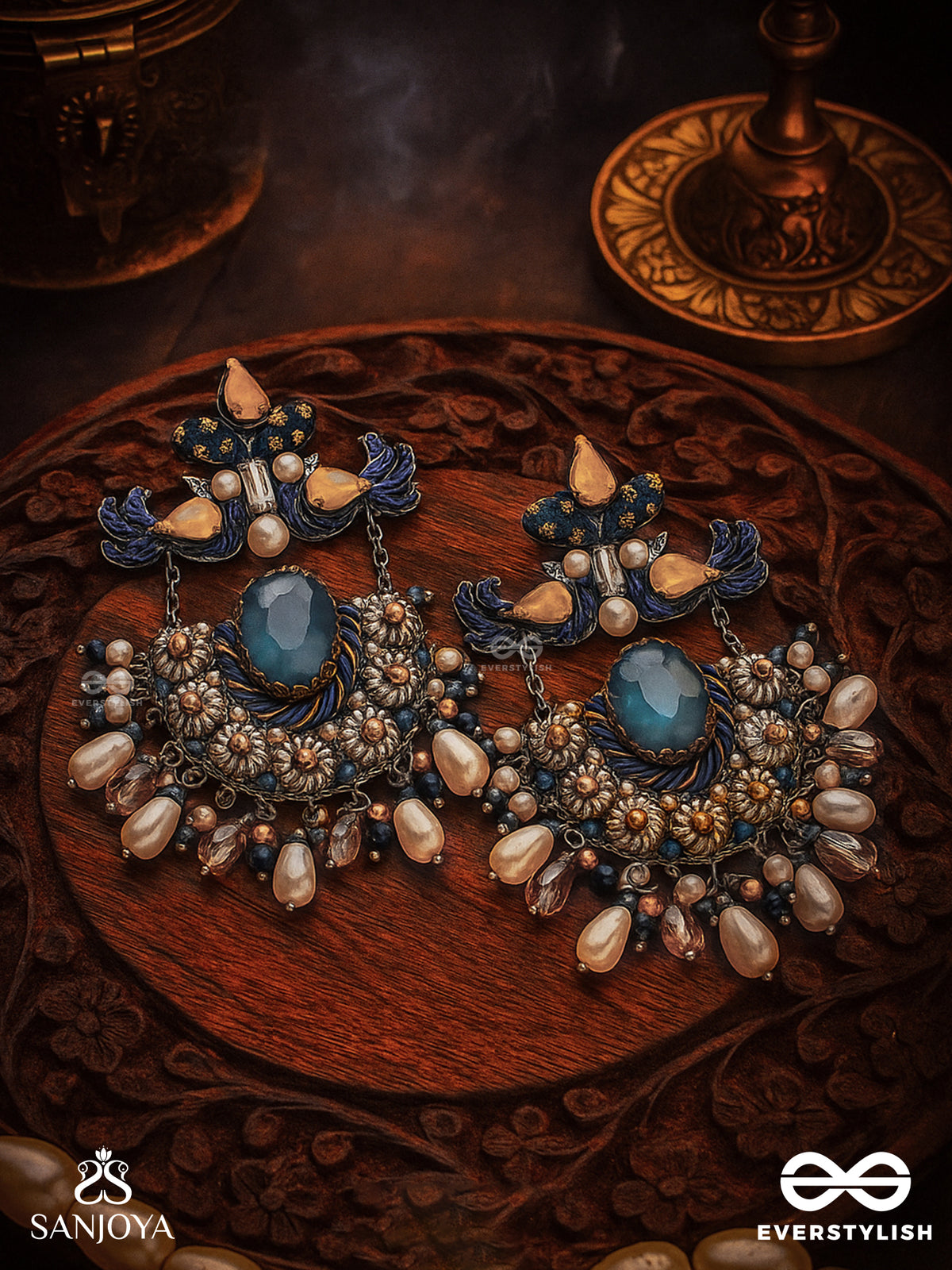 Rajatchandali - The Moon's Glamour - Stone, Pearl Drops And Beads Embroidered Earrings