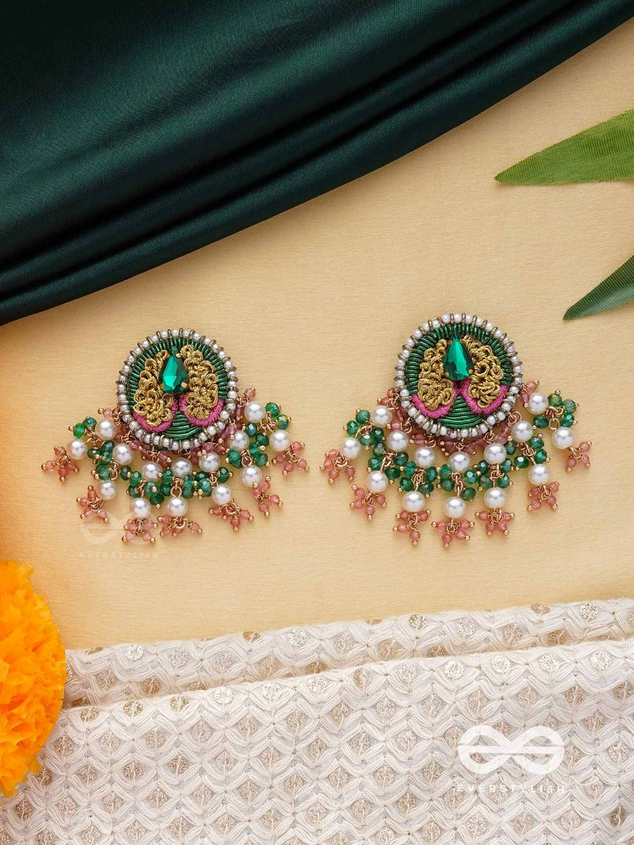 Varnanandini - The Colorful Delight - Stone, Pearls And Beads Embroidered Earrings (Green & Pink)