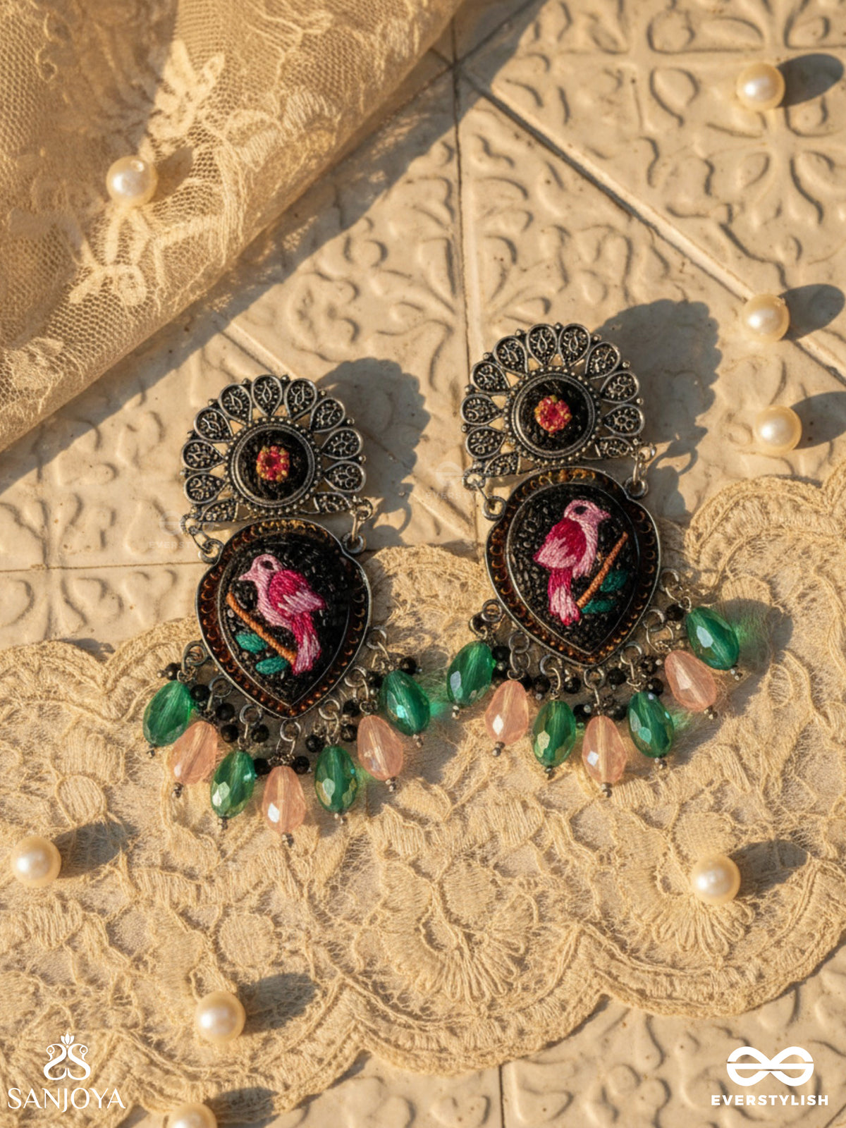 Vihangika - Feathered Flight Elegance - Stone, Glass Drops And Resham Embroidered And Oxidised Earrings