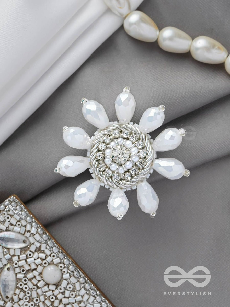 Tejovat - Glimmering White Brilliance - Stone, Beads And Glass Drops Hand Embroidered Ring (Adjustable)