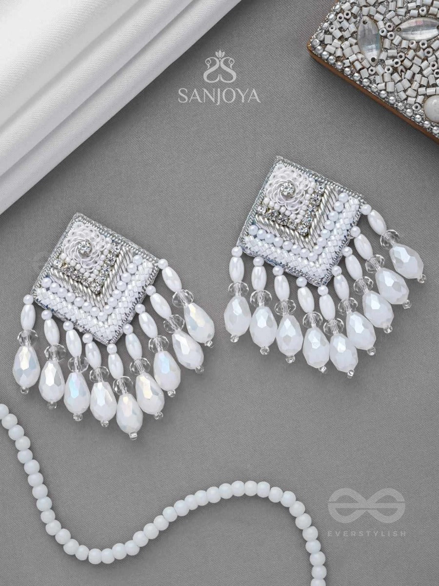 Aabdika - Snow Like Crystals - Sequins, Pearls And Glass Drop Embroidered Earrings