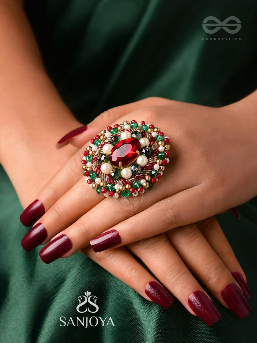 Akshepa - The Statement One - Stone, Pearls And Beads Embroidered Ring