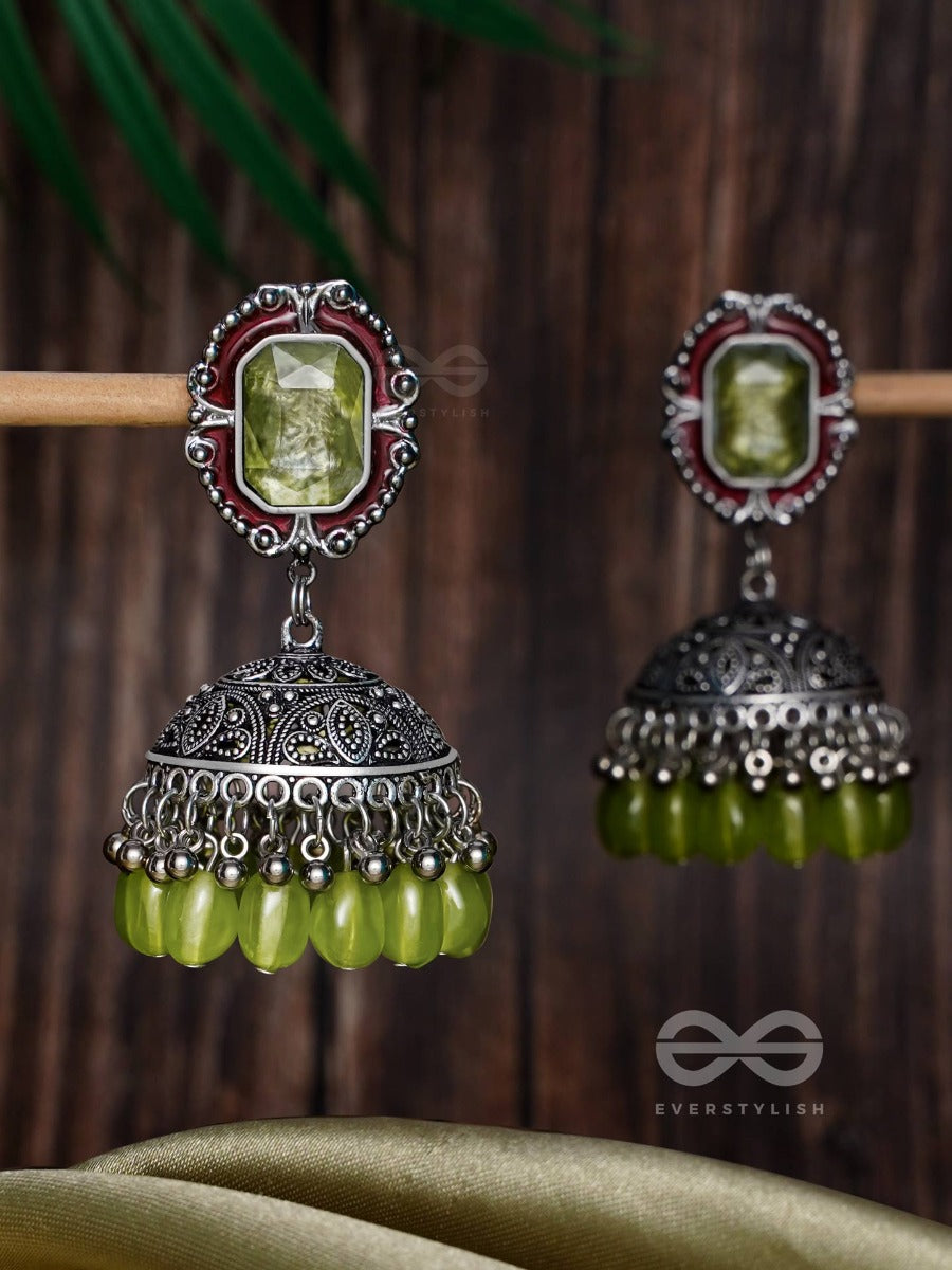 The Royal Lush - Statement Embellished Oxidised Jhumka Earrings