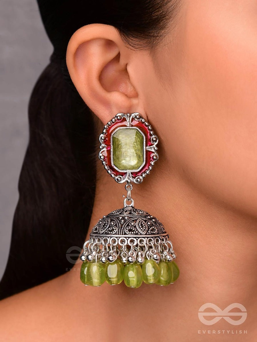 The Royal Lush - Statement Embellished Oxidised Jhumka Earrings