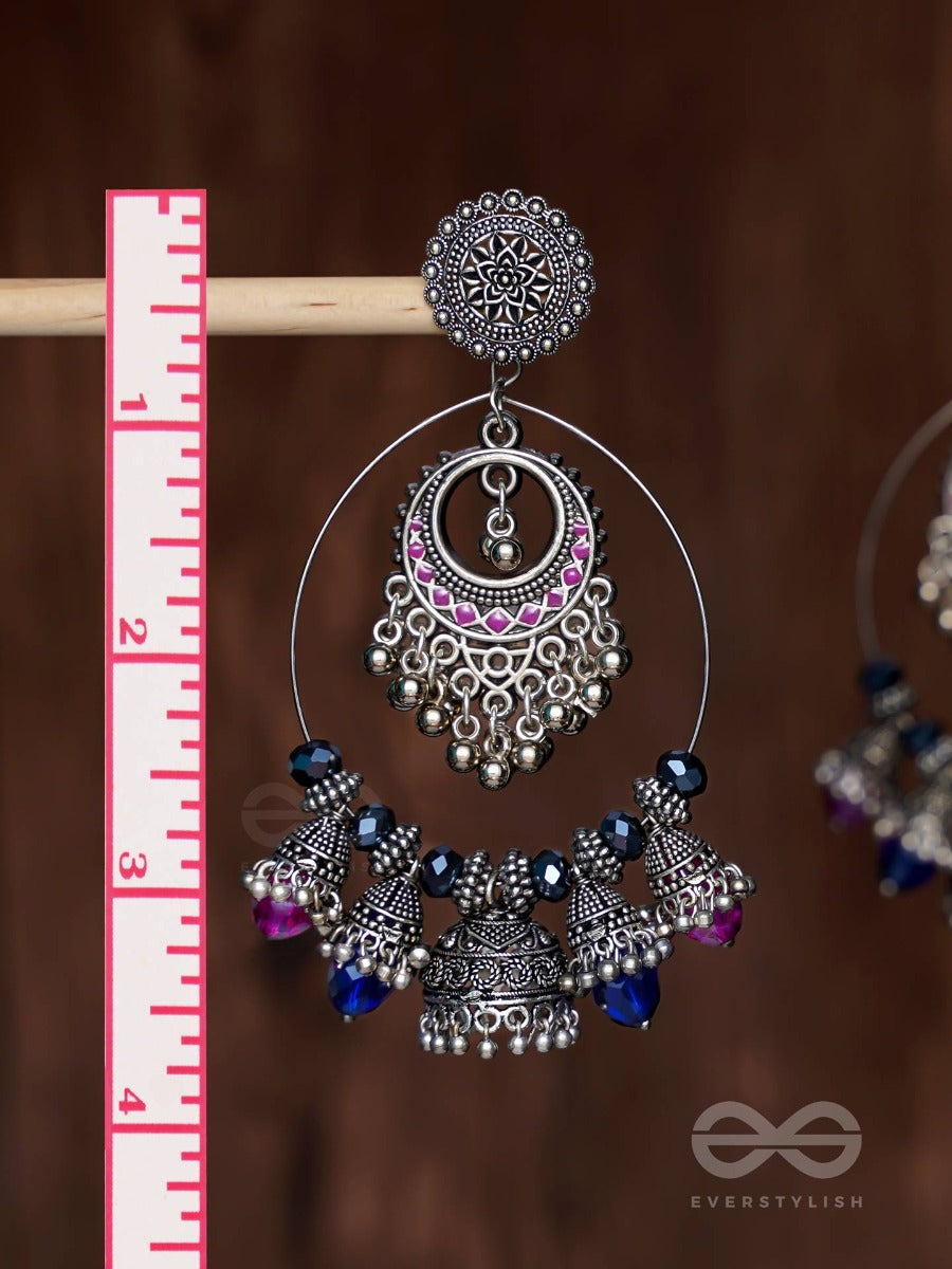 Dusky Skyline Elegance - Statement Embellished Oxidised Jhumka Earrings