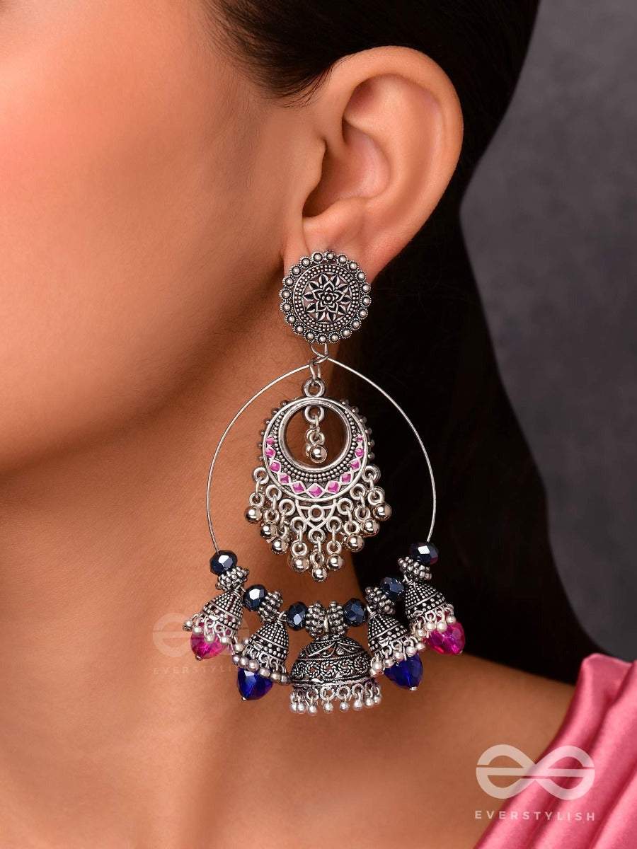 Dusky Skyline Elegance - Statement Embellished Oxidised Jhumka Earrings