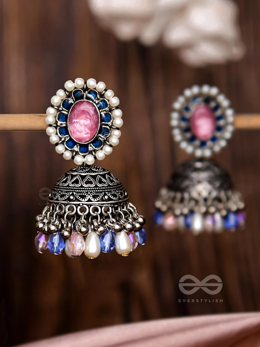 Regal Blushin' Sky - Embellished Oxidised Jhumka Earrings