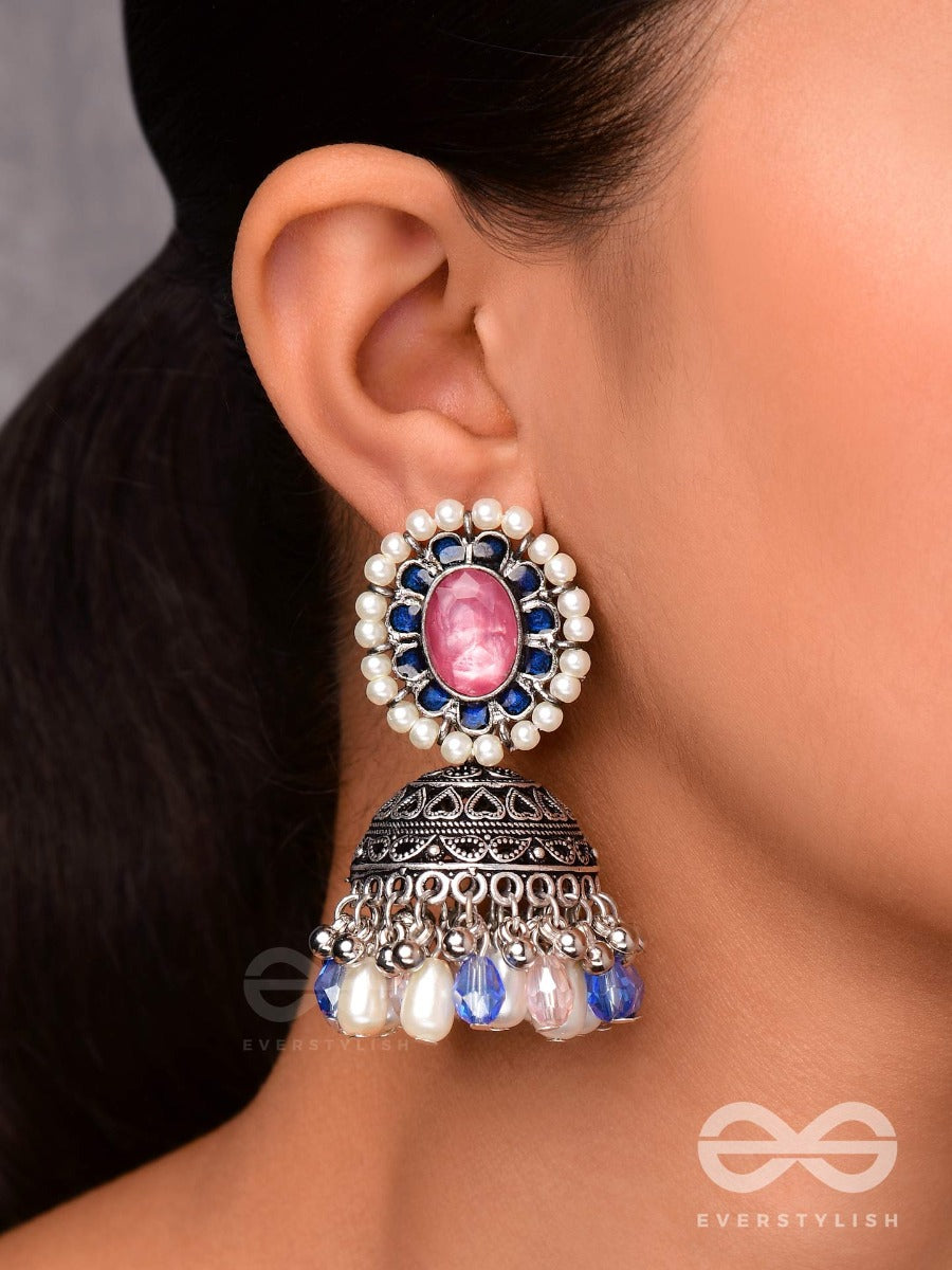 Regal Blushin' Sky - Embellished Oxidised Jhumka Earrings