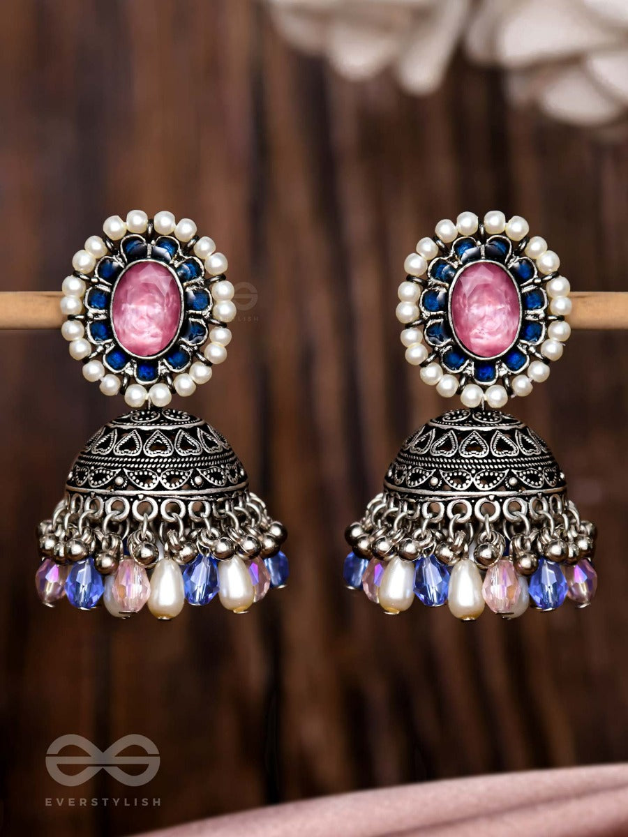 Regal Blushin' Sky - Embellished Oxidised Jhumka Earrings