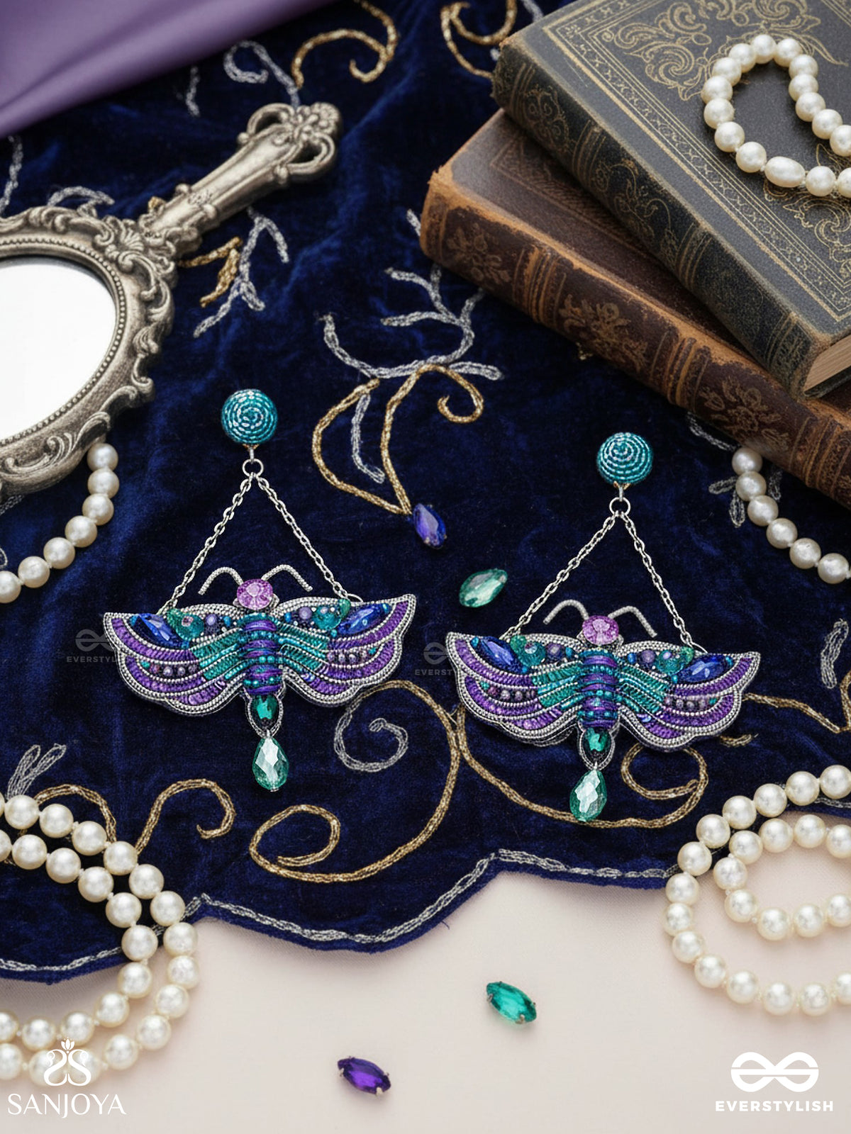 Mainaka - The Magnificent Wings - Sequins, Stones And Beads Embroidered Earrings
