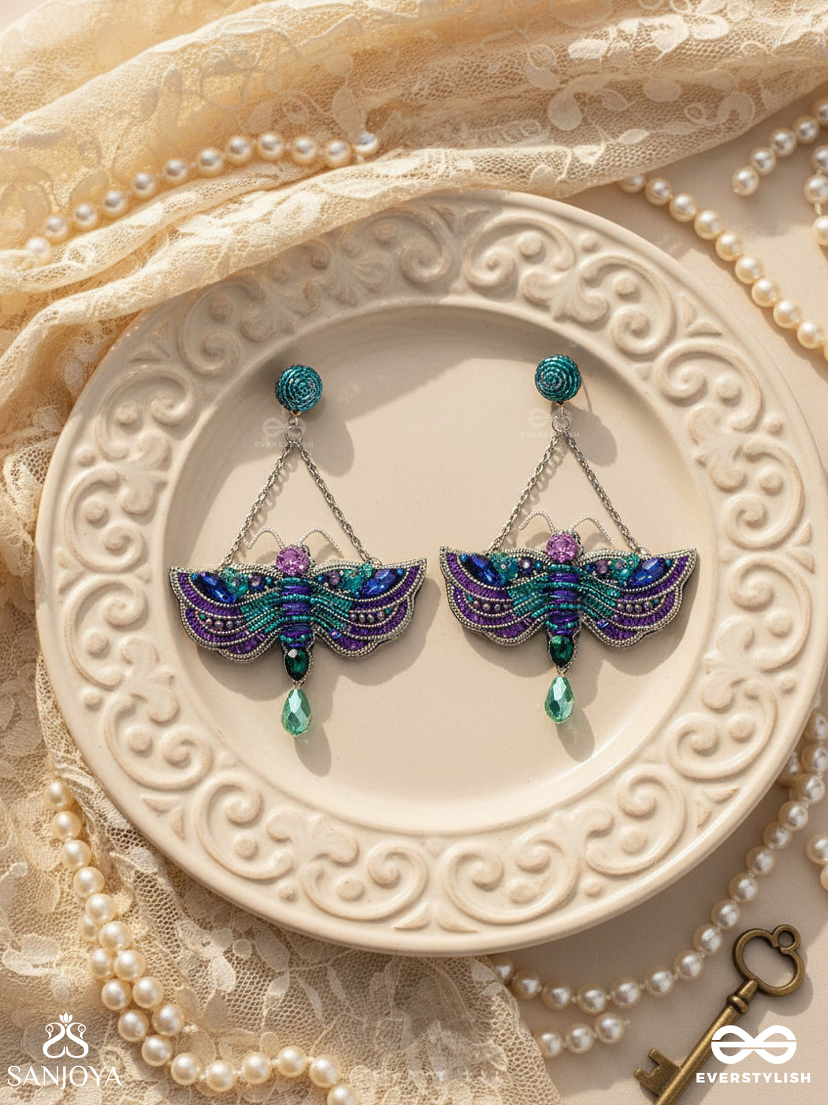 Mainaka - The Magnificent Wings - Sequins, Stones And Beads Embroidered Earrings