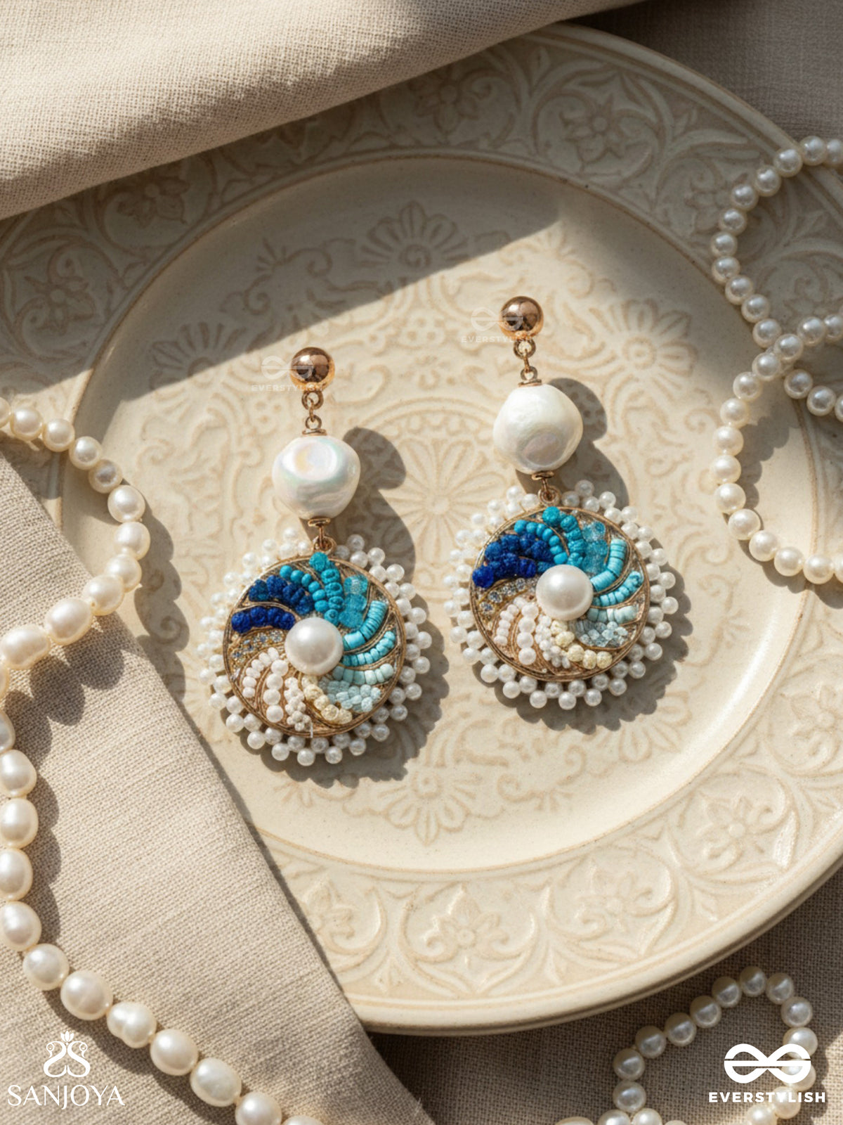 Nirghata- The Tidal Storm- Resham, Beads And Pearl Hand Embroidered Earrings