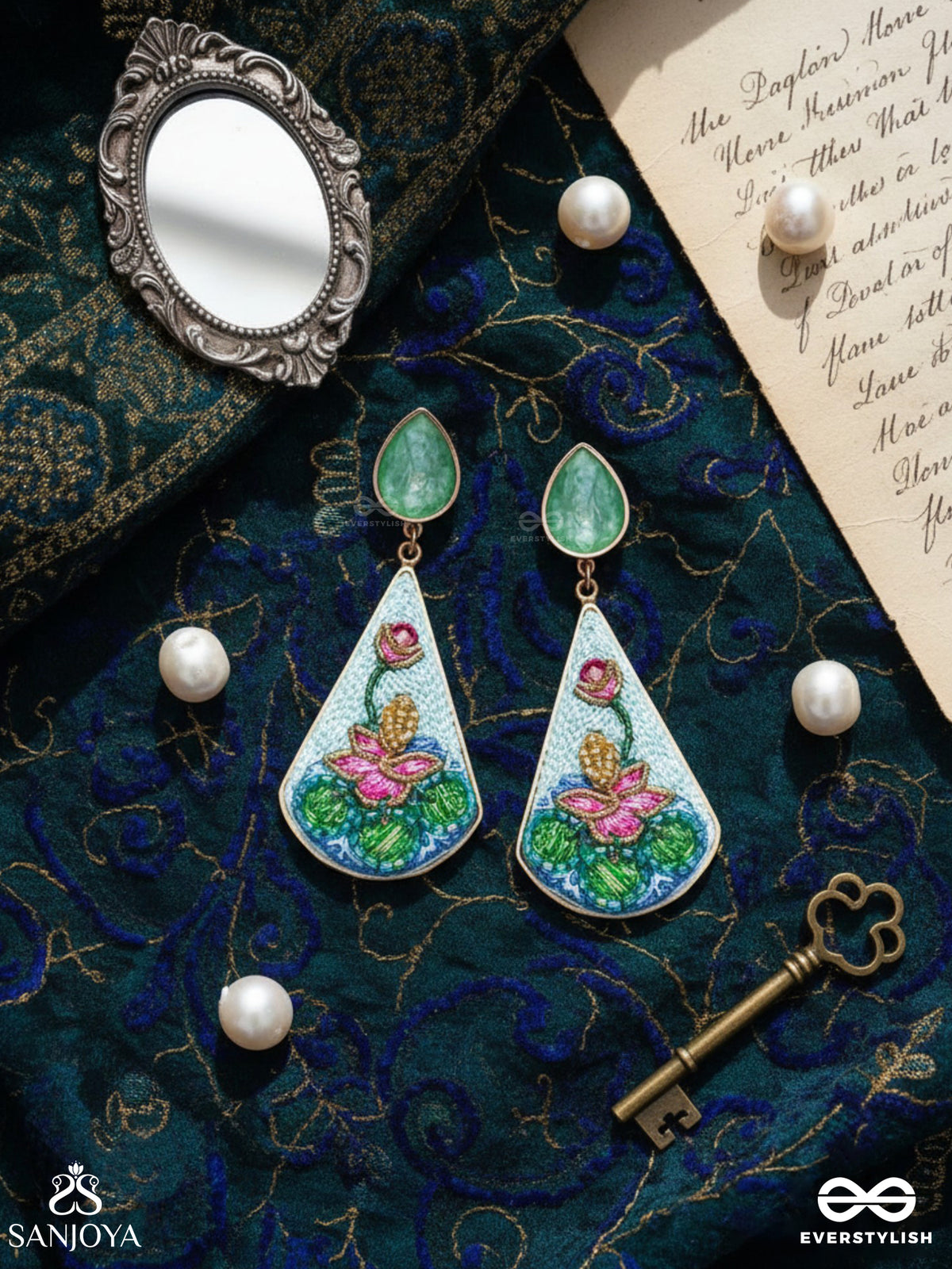 Padmalata - Lotus Vine Hand-Embroidered Earrings With Cutdana, Dabka And Resham Thread Work