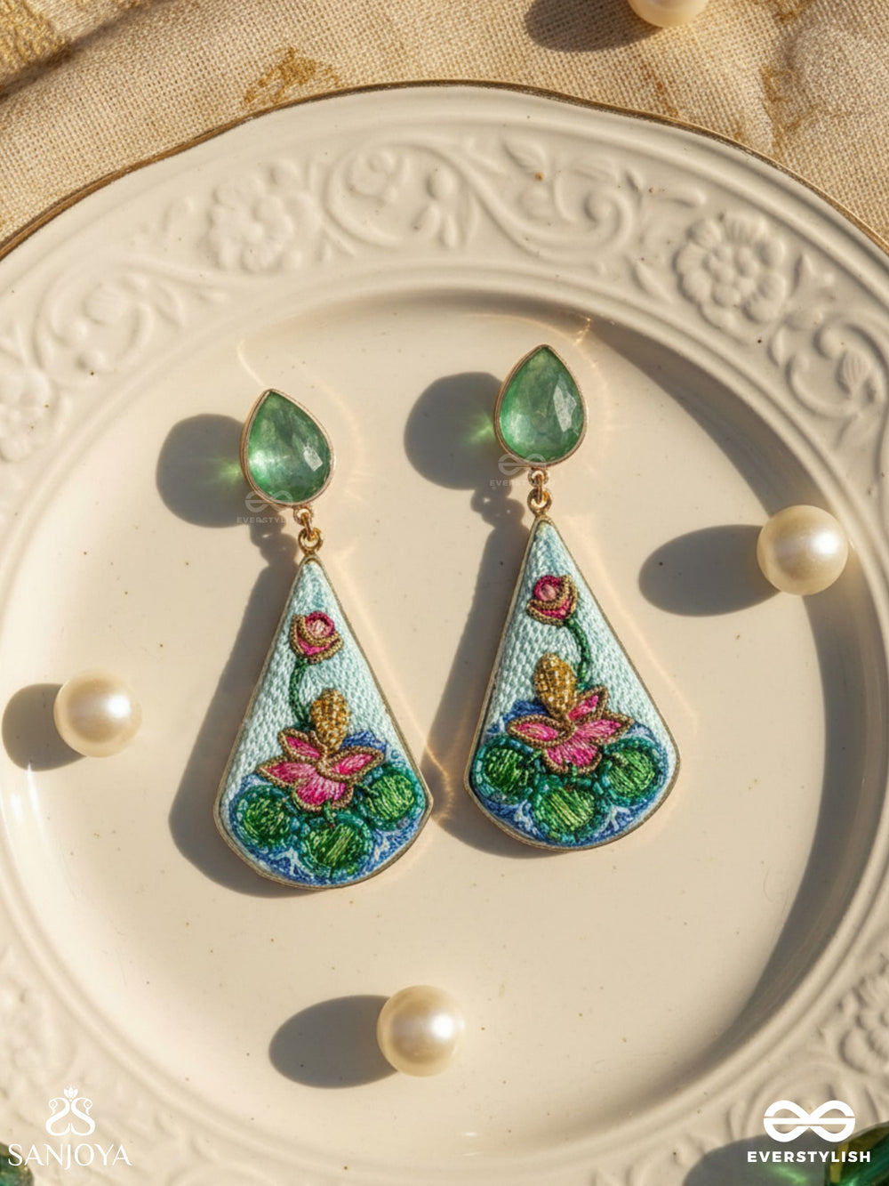 Padmalata - Lotus Vine Hand-Embroidered Earrings With Cutdana, Dabka And Resham Thread Work
