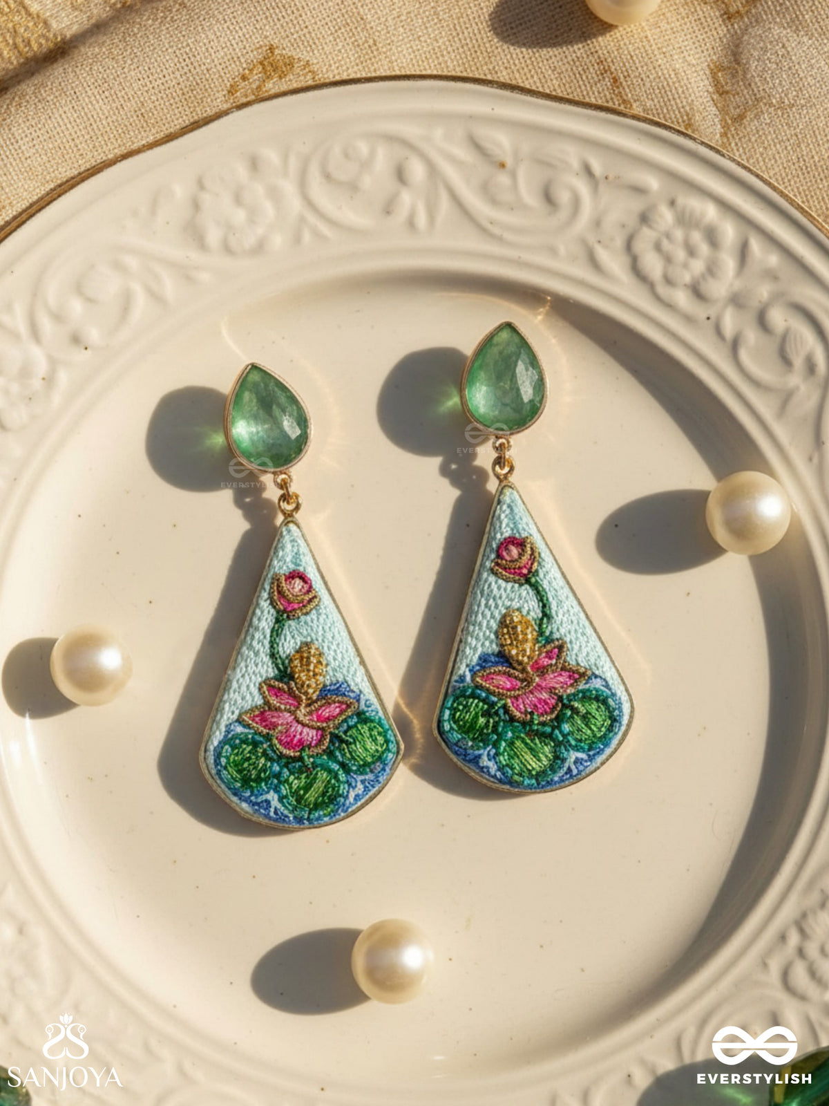 Padmalata - Lotus Vine Hand-Embroidered Earrings With Cutdana, Dabka And Resham Thread Work