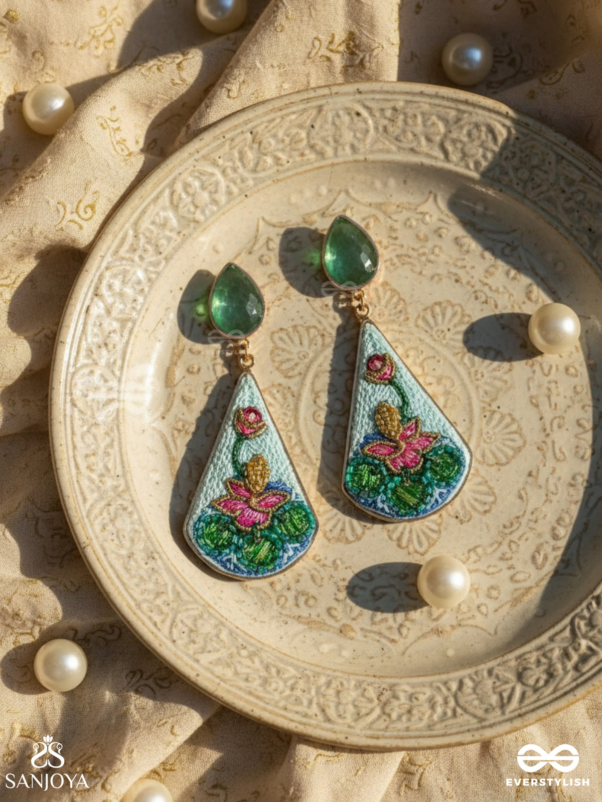 Padmalata - Lotus Vine Hand-Embroidered Earrings With Cutdana, Dabka And Resham Thread Work