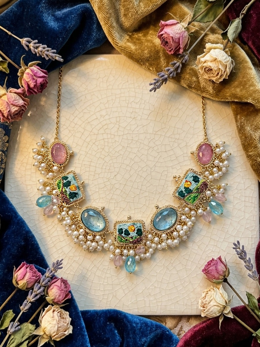 Vividhruma - Colorful Blossoms - Stones, Beads And Resham Hand Embroidered Neckpiece