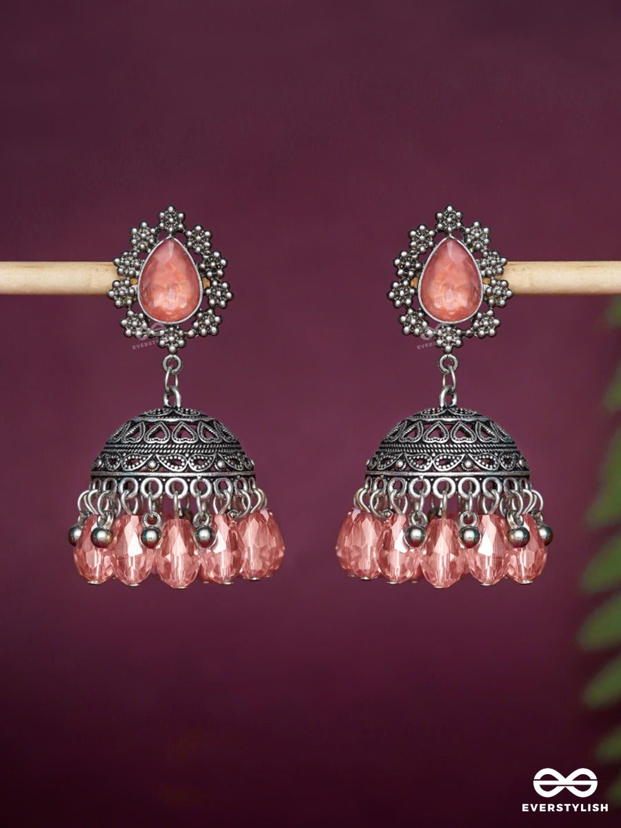 A Coral Crush - Embellished Oxidised Jhumka Earrings