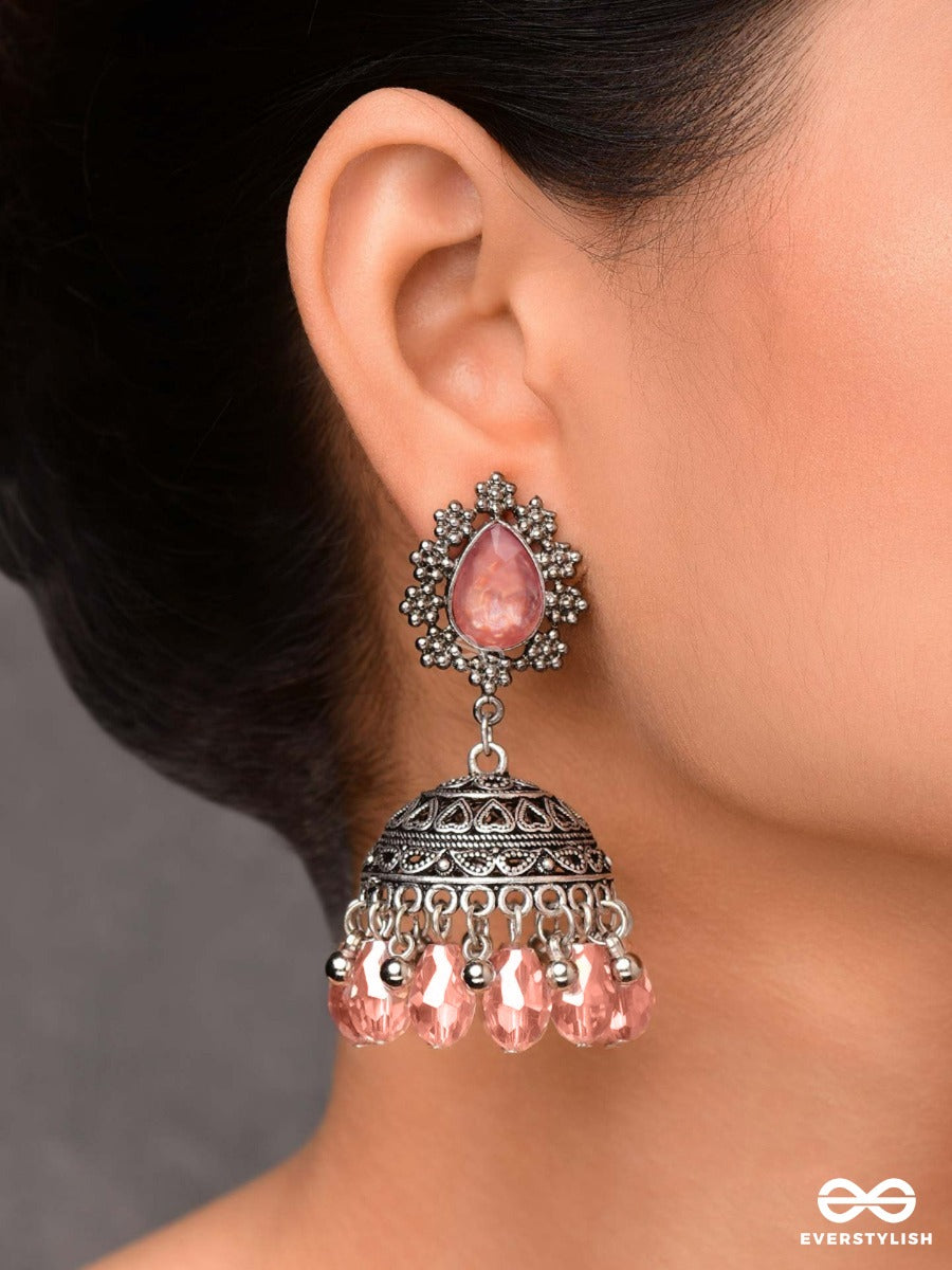 A Coral Crush - Embellished Oxidised Jhumka Earrings