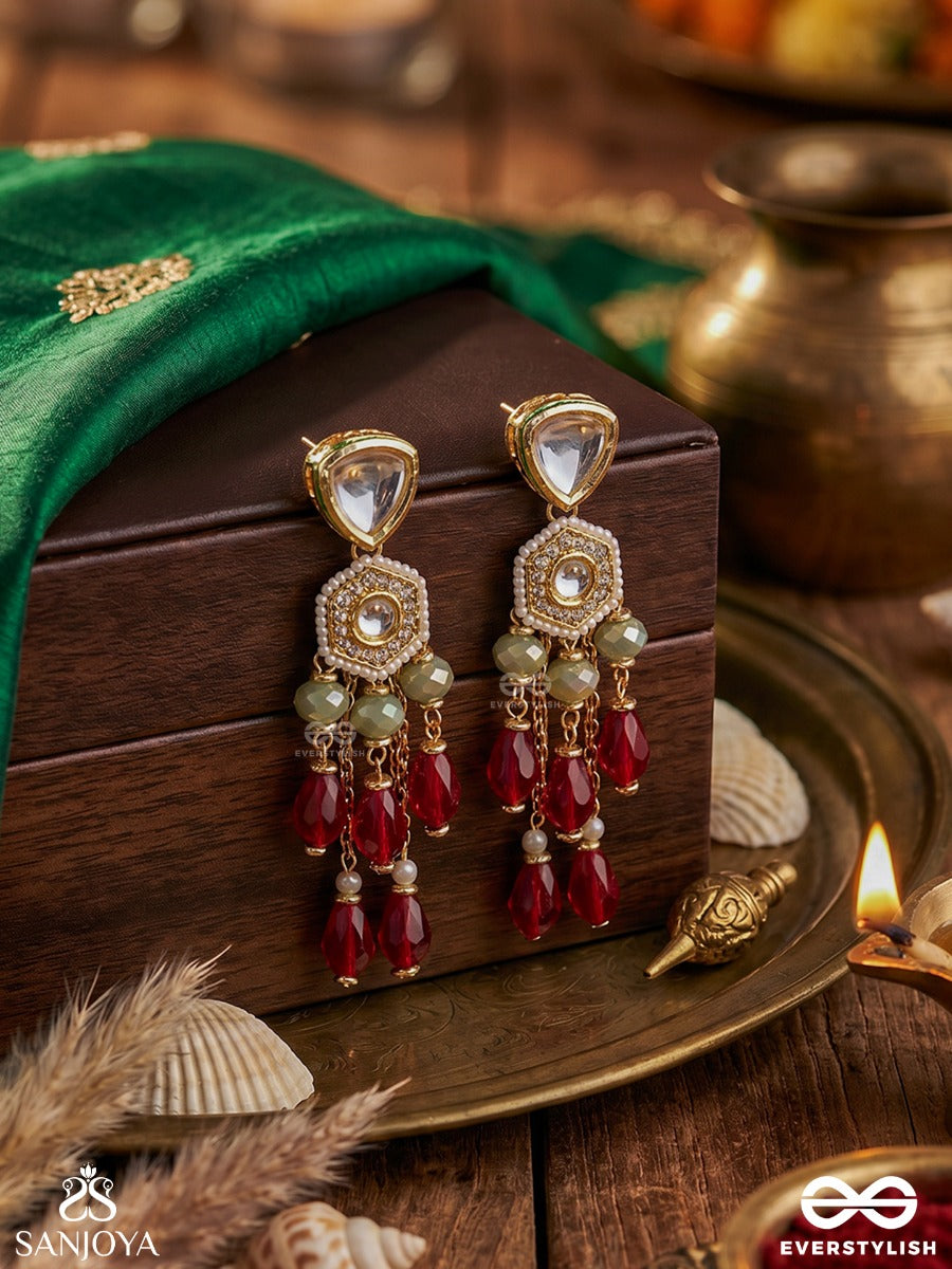 Prenkha - Scarlet Sways - Golden Embellished Polki And Kundan Earrings
