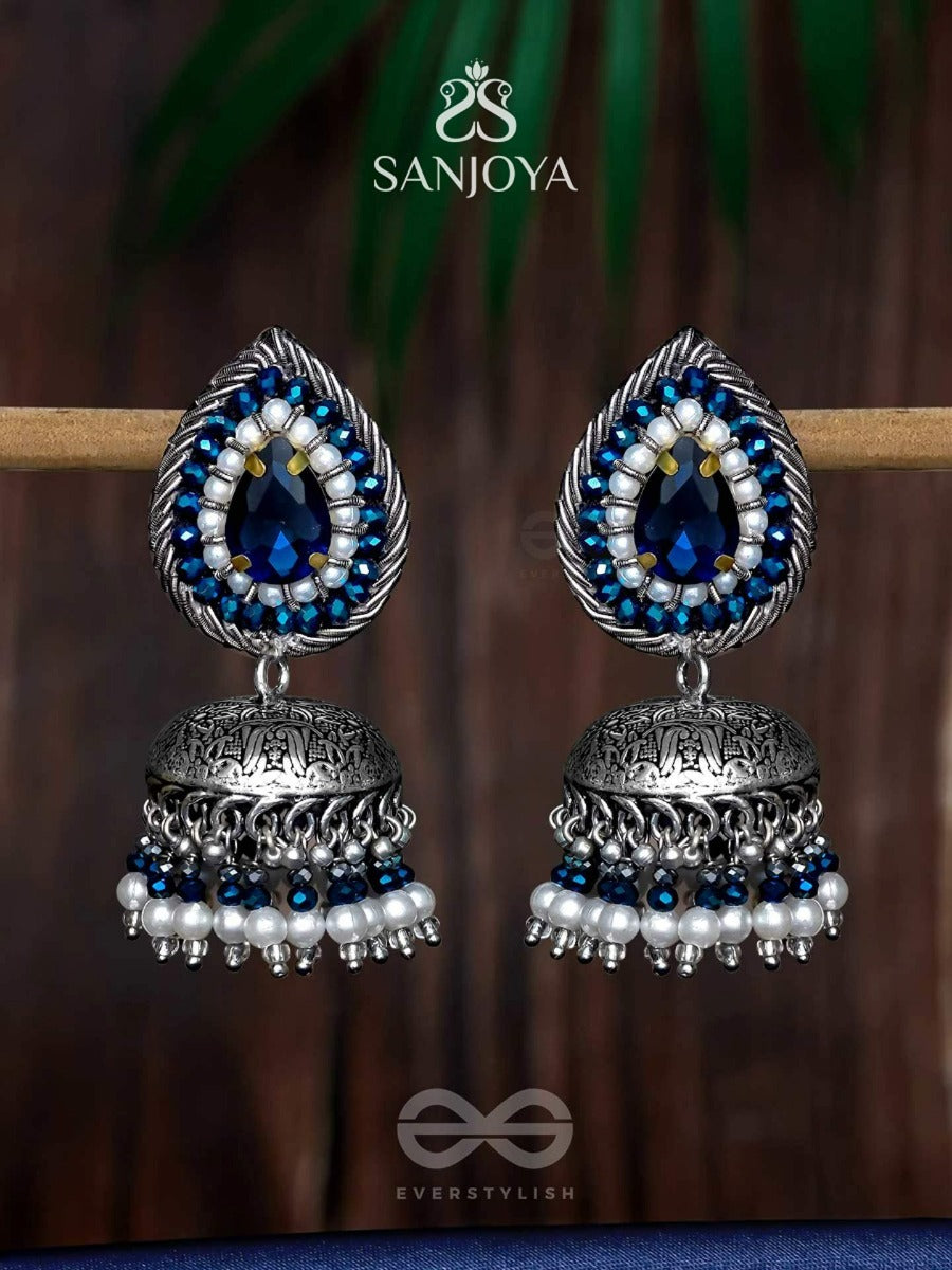 Ratryata - The Midnight Sapphire - Stone And Beads Hand Embroidered Oxidised Jhumka Earrings