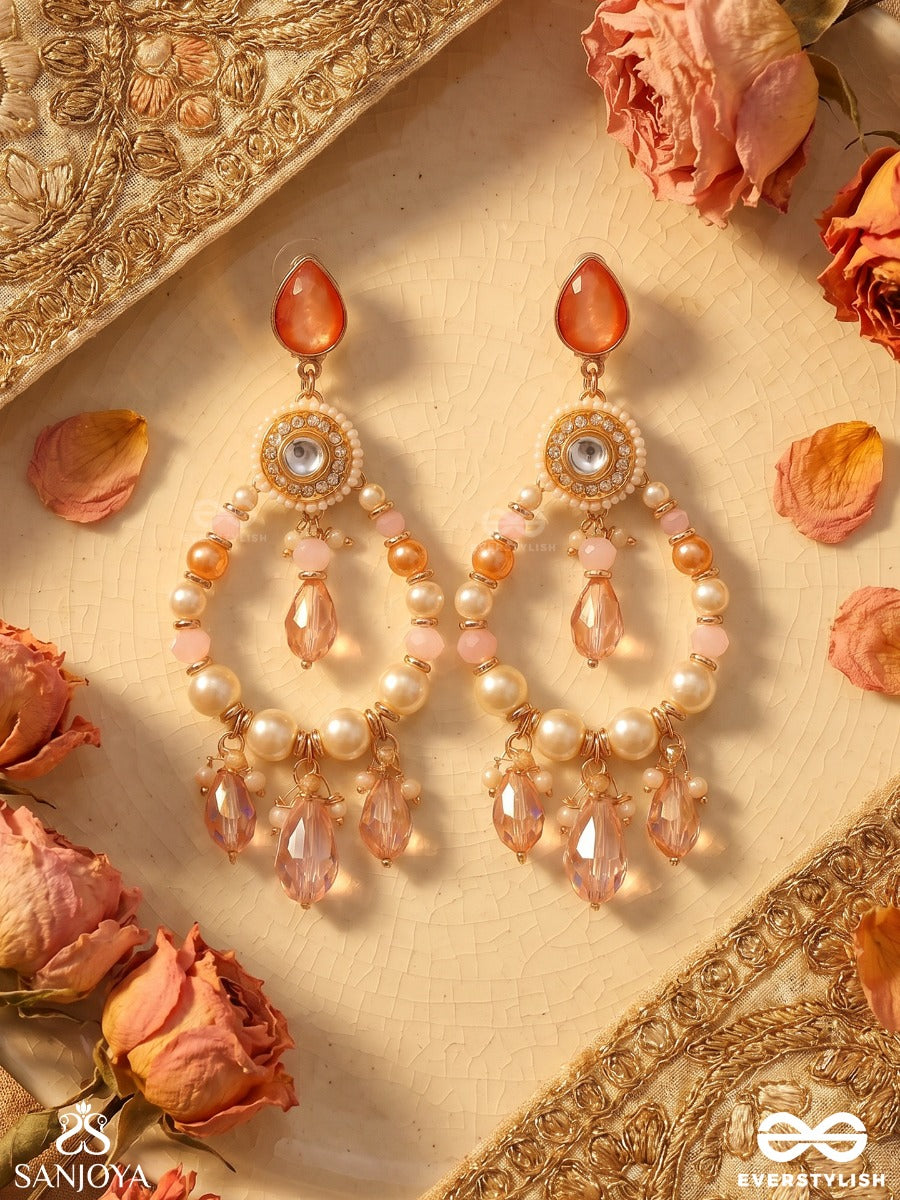 Uthila - Rosey Glow Gala - Golden Embellished Crystal Chandelier Earrings