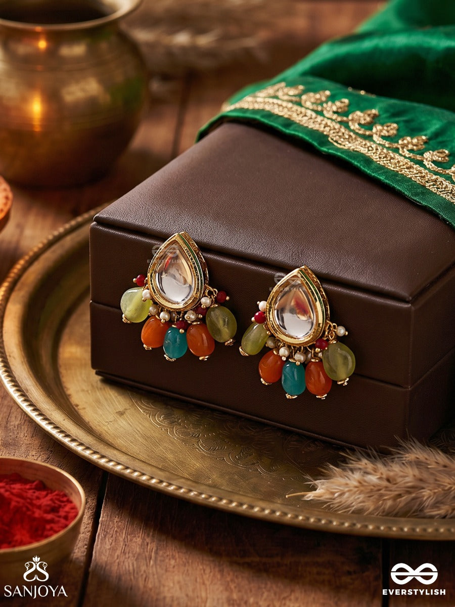 Ravih - The Sun Loving - Golden Embellished Polki And Kundan Finished Earrings (Multicolor)