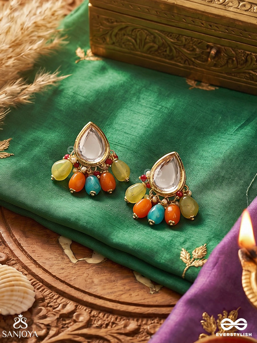 Ravih - The Sun Loving - Golden Embellished Polki And Kundan Finished Earrings (Multicolor)