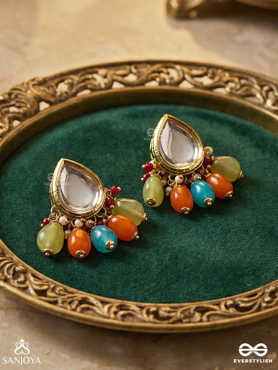 Ravih - The Sun Loving - Golden Embellished Polki And Kundan Finished Earrings (Multicolor)