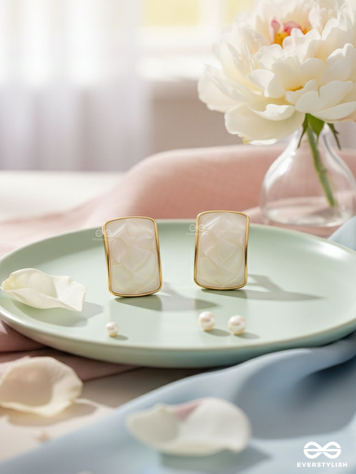 The Classic Radiance - Golden Enamelled Stud Earrings (White)