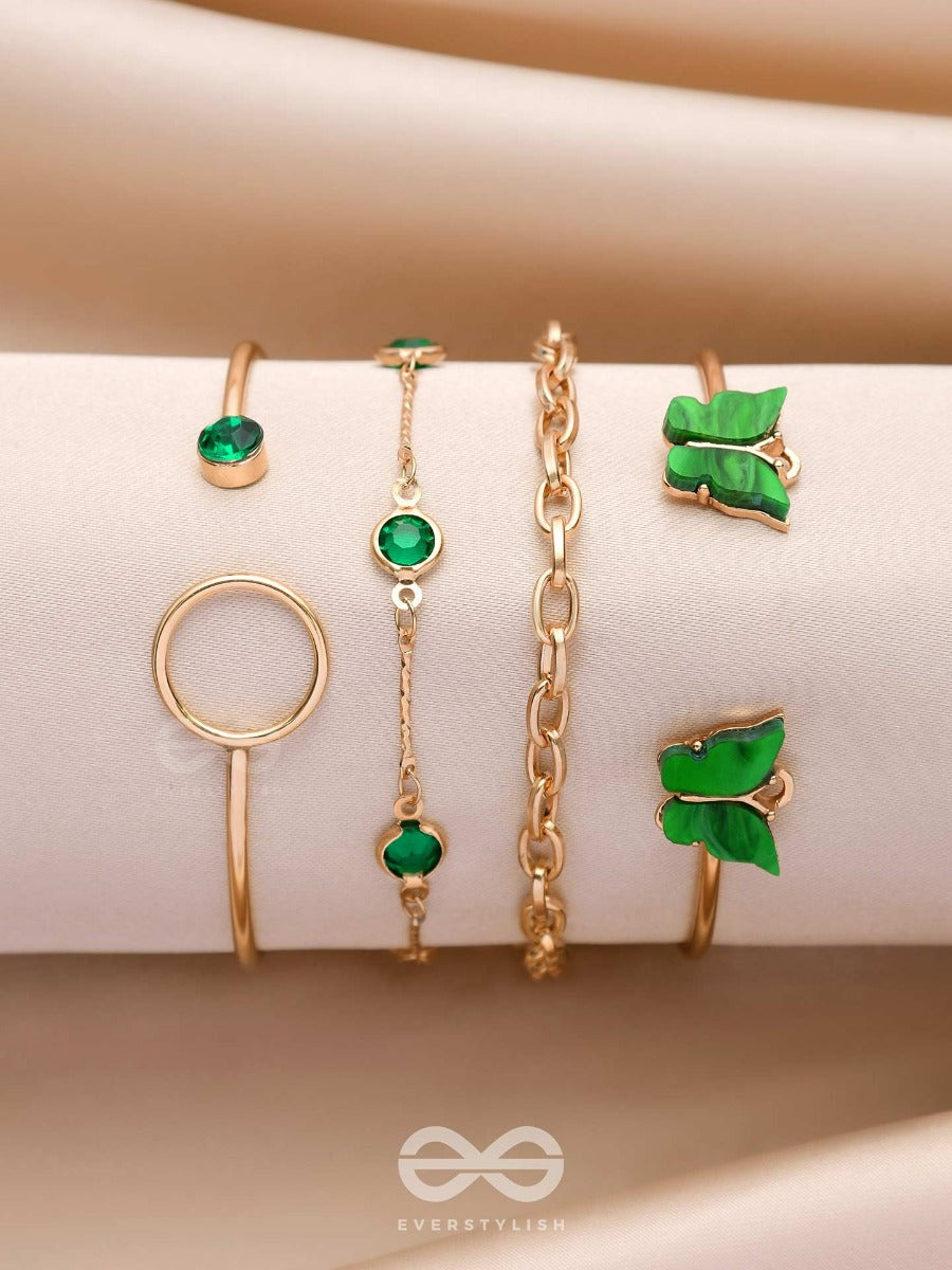 Wings Of Delight - Set Of 4 Golden & Green Bracelets