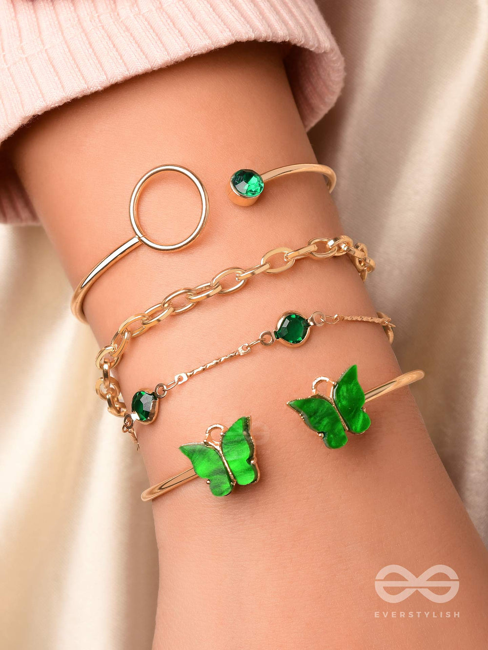 Wings Of Delight - Set Of 4 Golden & Green Bracelets