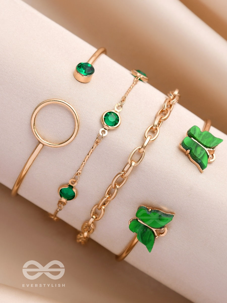 Wings Of Delight - Set Of 4 Golden & Green Bracelets