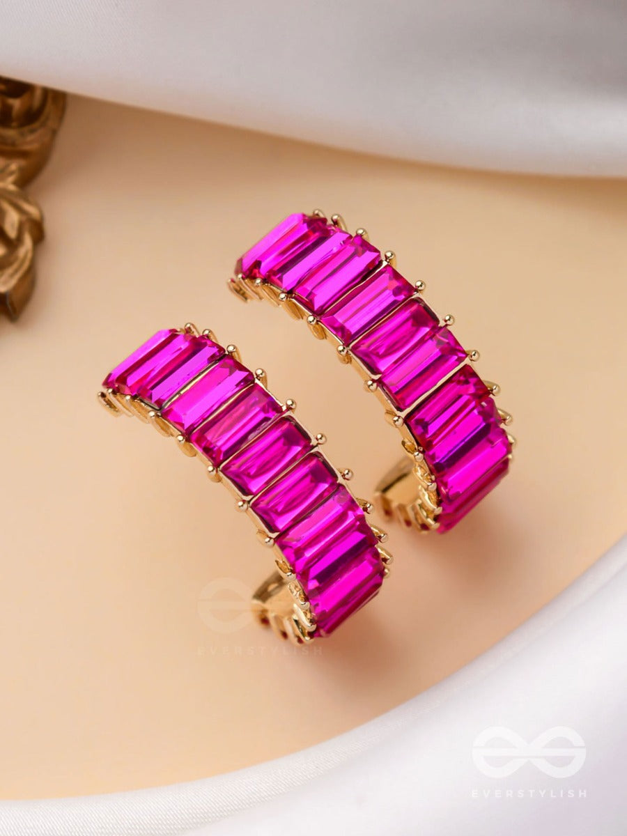 Crystal Galaxies - Golden Embellished Earrings (Magenta)