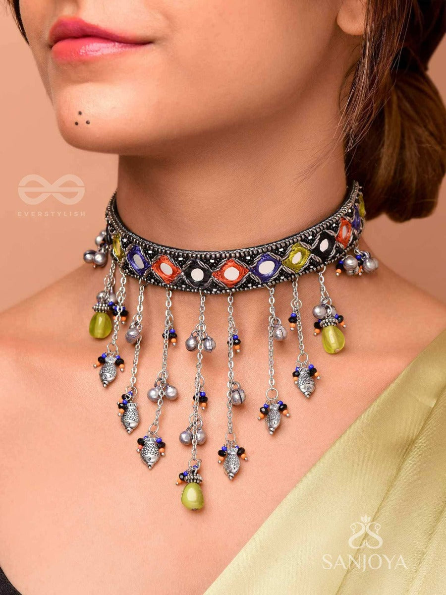Neelharini - Forest Bloom - Mirror, Beads And Fish Charms Hand Embroidered Oxidised Neckpiece