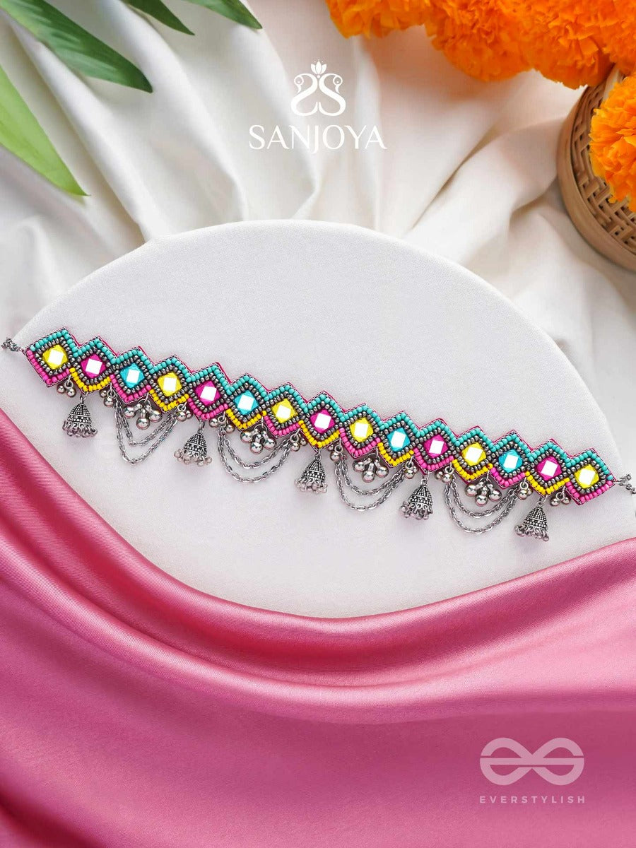 Uparjitaa - Rainbow Radiance - Beads And Mirror Embroidered And Oxidised Neckpiece