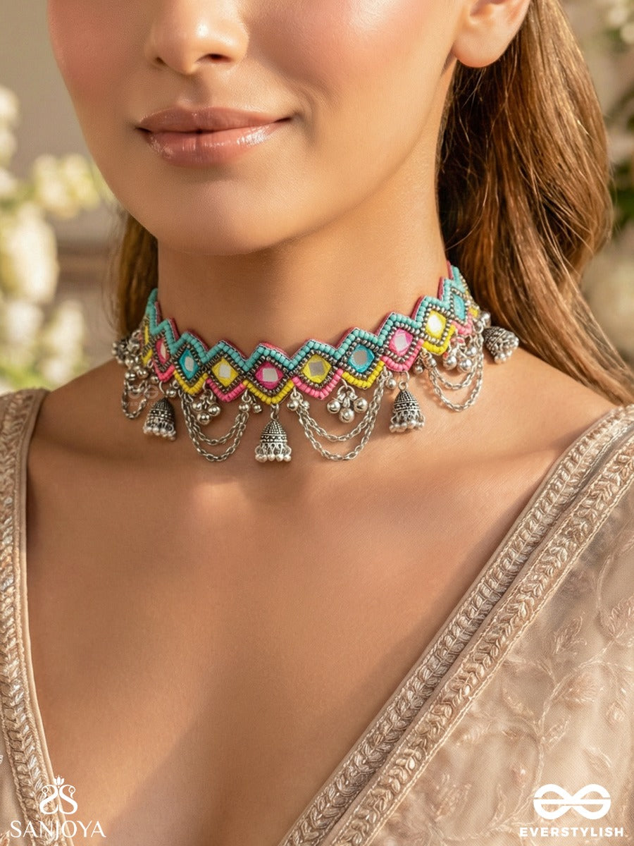 Uparjitaa - Rainbow Radiance - Beads And Mirror Embroidered And Oxidised Neckpiece