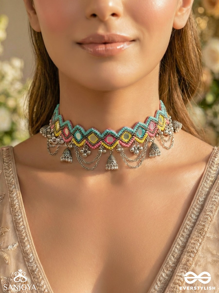 Uparjitaa - Rainbow Radiance - Beads And Mirror Embroidered And Oxidised Neckpiece