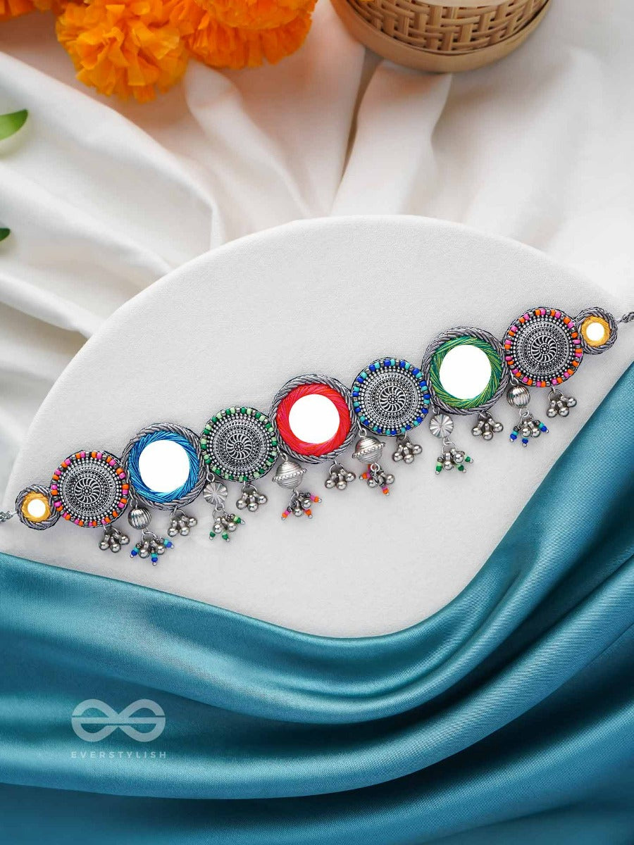 Rangavyuha - Colorburst Cascade - Beads, Mirror And Resham Embroidered And Oxidised Necklace