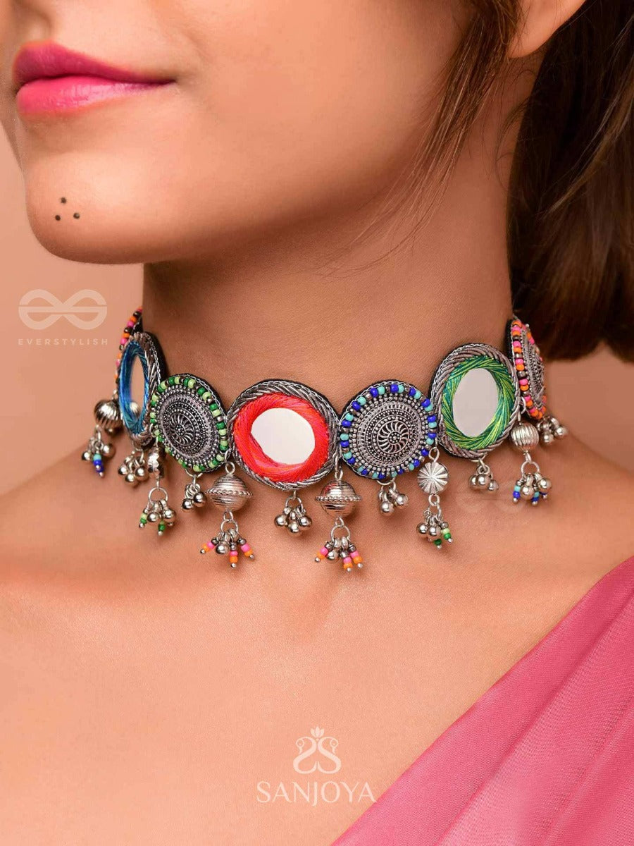 Rangavyuha - Colorburst Cascade - Beads, Mirror And Resham Embroidered And Oxidised Necklace