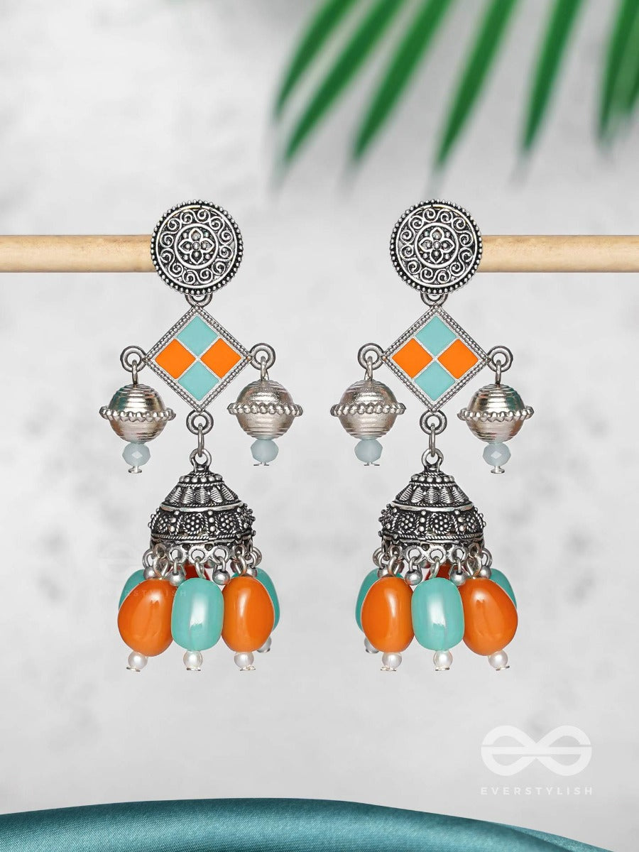 Mystic Ocean Sundown - Embellished Oxidised Jodhpuri Jhumkas
