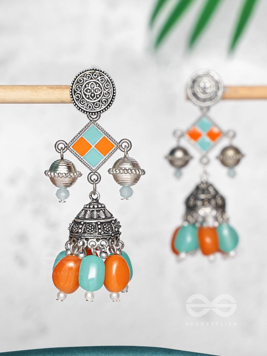 Mystic Ocean Sundown - Embellished Oxidised Jodhpuri Jhumkas