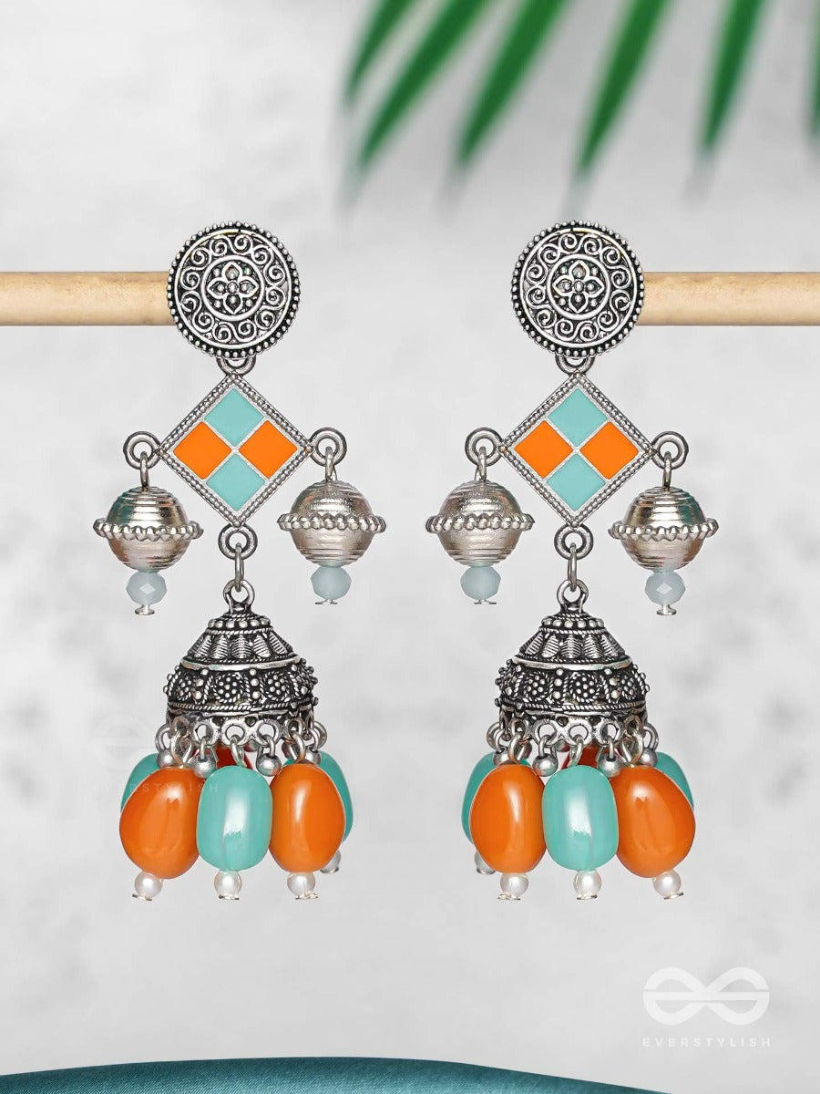 Mystic Ocean Sundown - Embellished Oxidised Jodhpuri Jhumkas