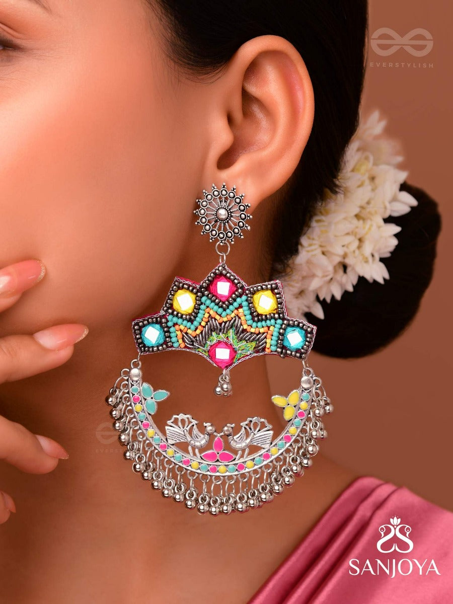 Shrichinmaya - The Eternal Beauty - Mirrors, Beads And Resham Hand Embroidered Oxidised Earrings