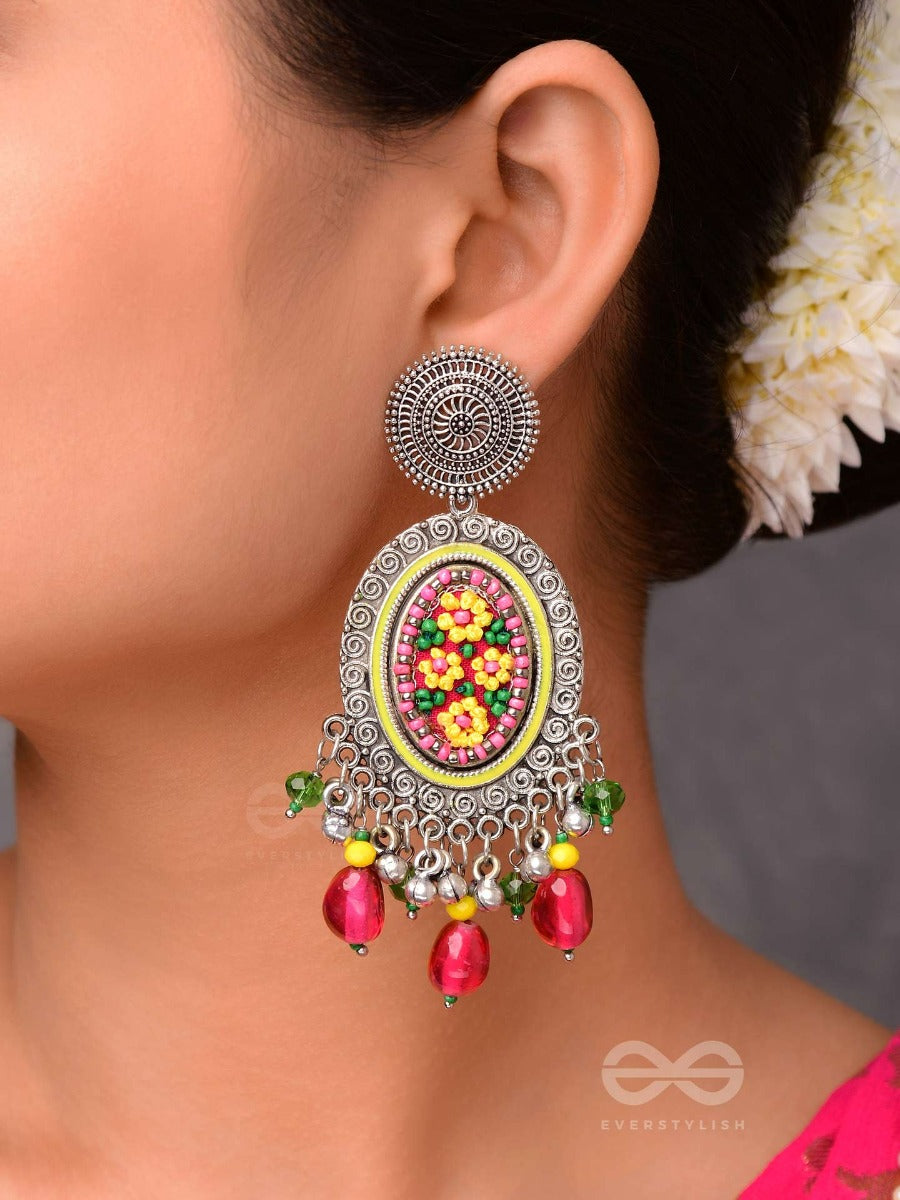 Mishraka - Garden Of Paradise - Resham And Beads Embroidered And Oxidised Earrings