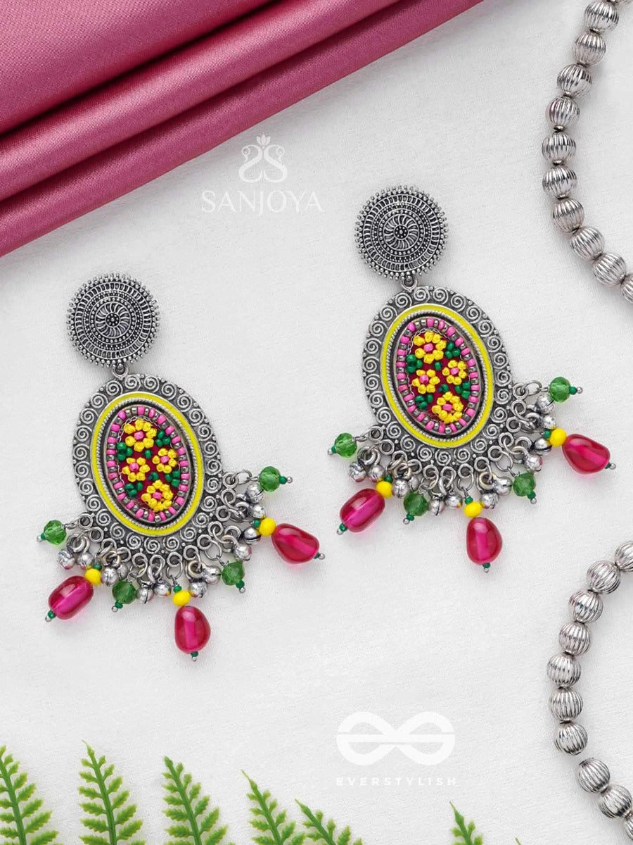 Mishraka - Garden Of Paradise - Resham And Beads Embroidered And Oxidised Earrings