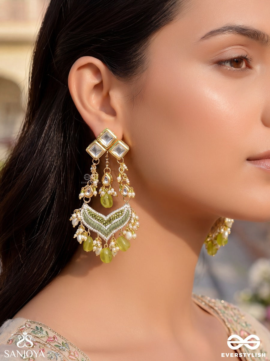 Saratas - Mystic Mints - Beads, Polki And Kundan Finished Hand Embroidered Earrings