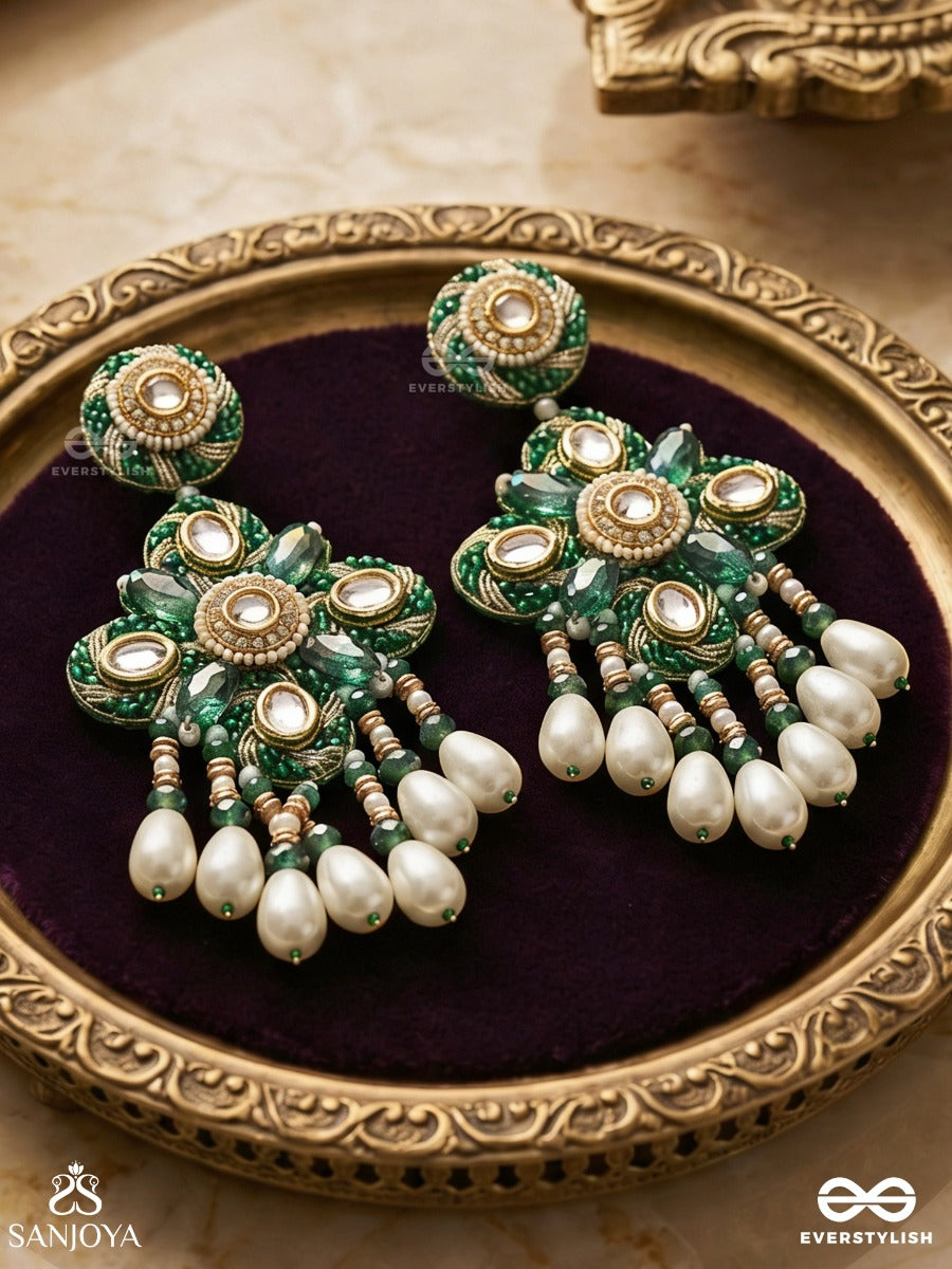 Anutva - The Royal Embrace - Pearls, Beads, Cutdana, Polki And Kundan Finished Hand Embroidered Earrings