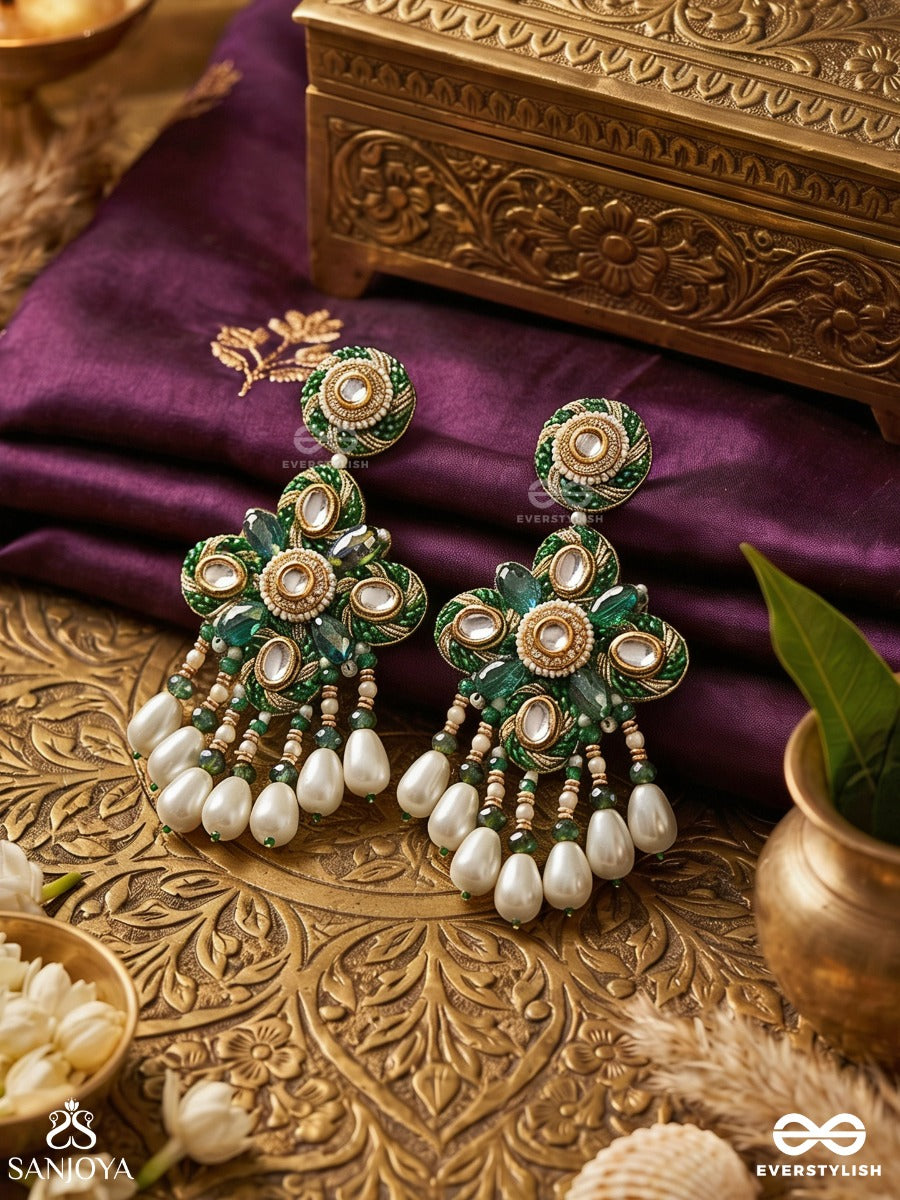Anutva - The Royal Embrace - Pearls, Beads, Cutdana, Polki And Kundan Finished Hand Embroidered Earrings
