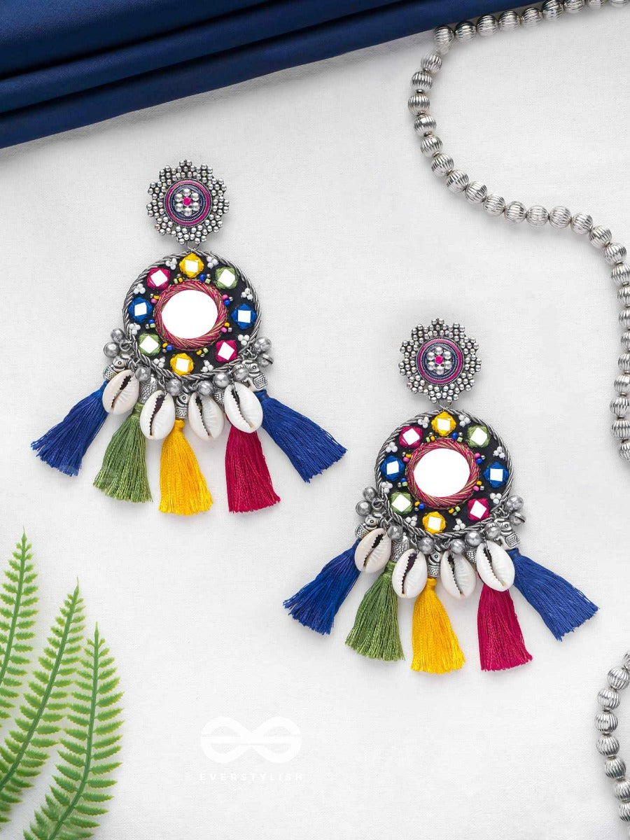Manoharaakara - The Enchanting Shades - Mirror, Beads And Shell Embroidered And Oxidised Earrings